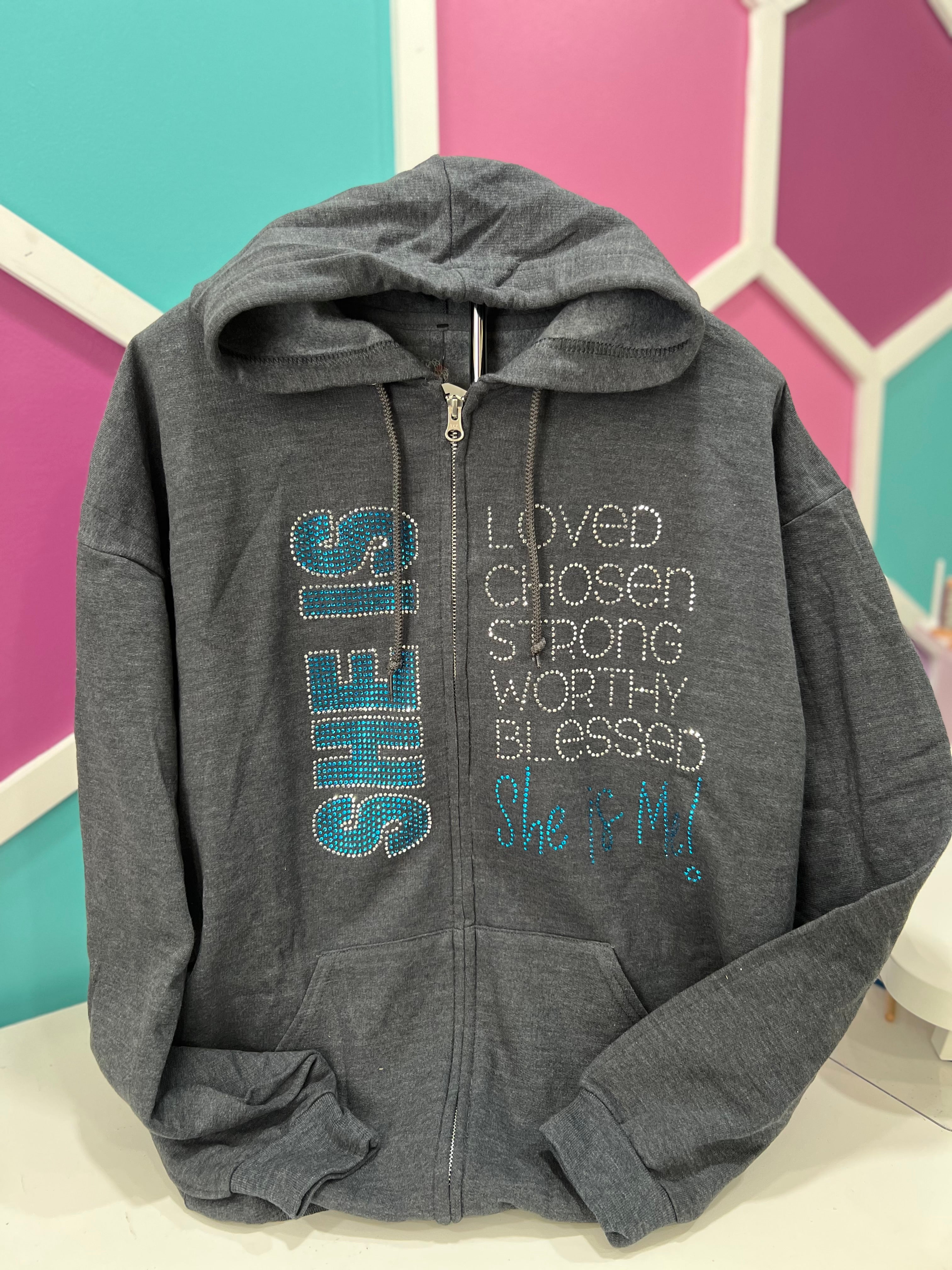 Bling Zipper Heather Grey Hoodie - She Is Me!