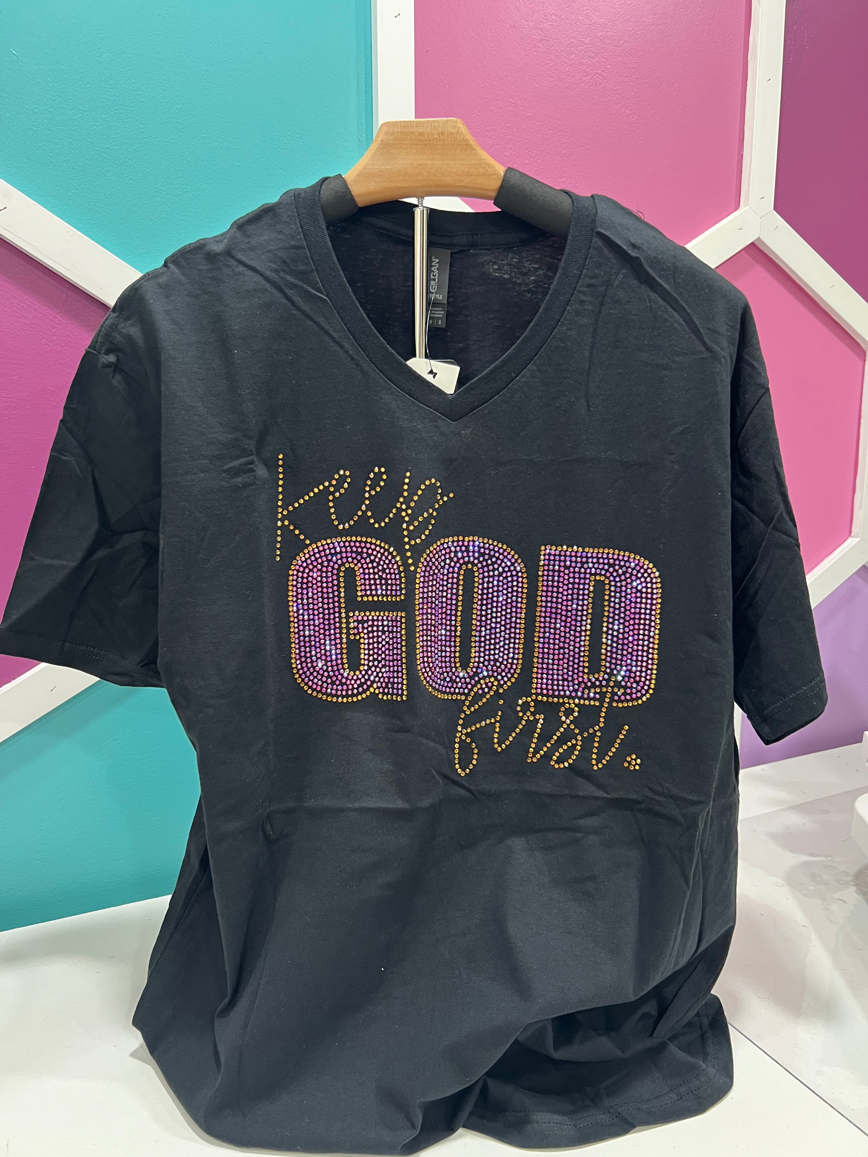 Keep God First Bling T-shirt -V-Neck