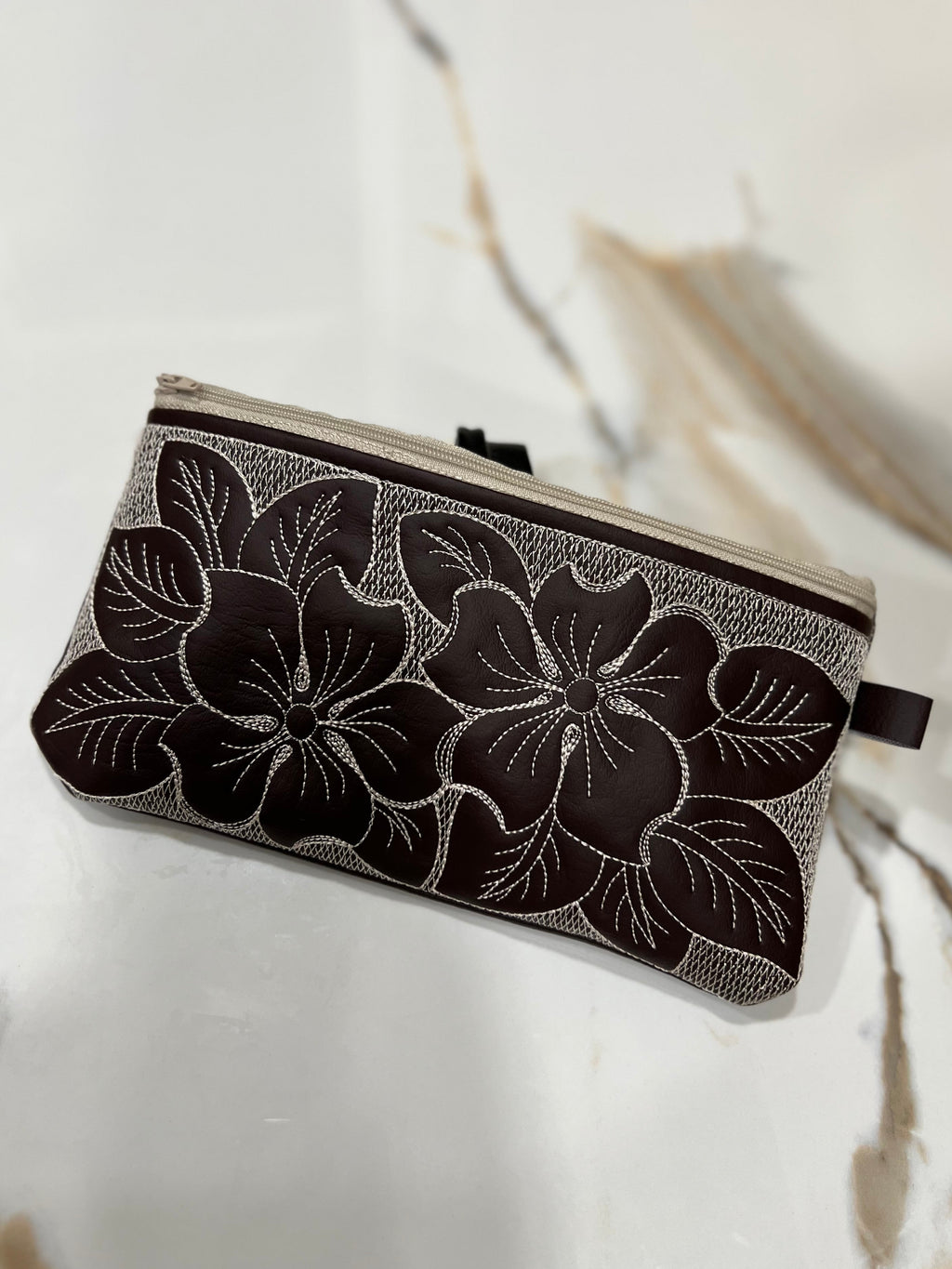 Chocolate Brown Faux Leather Floral Embroidered Zipper Pouch