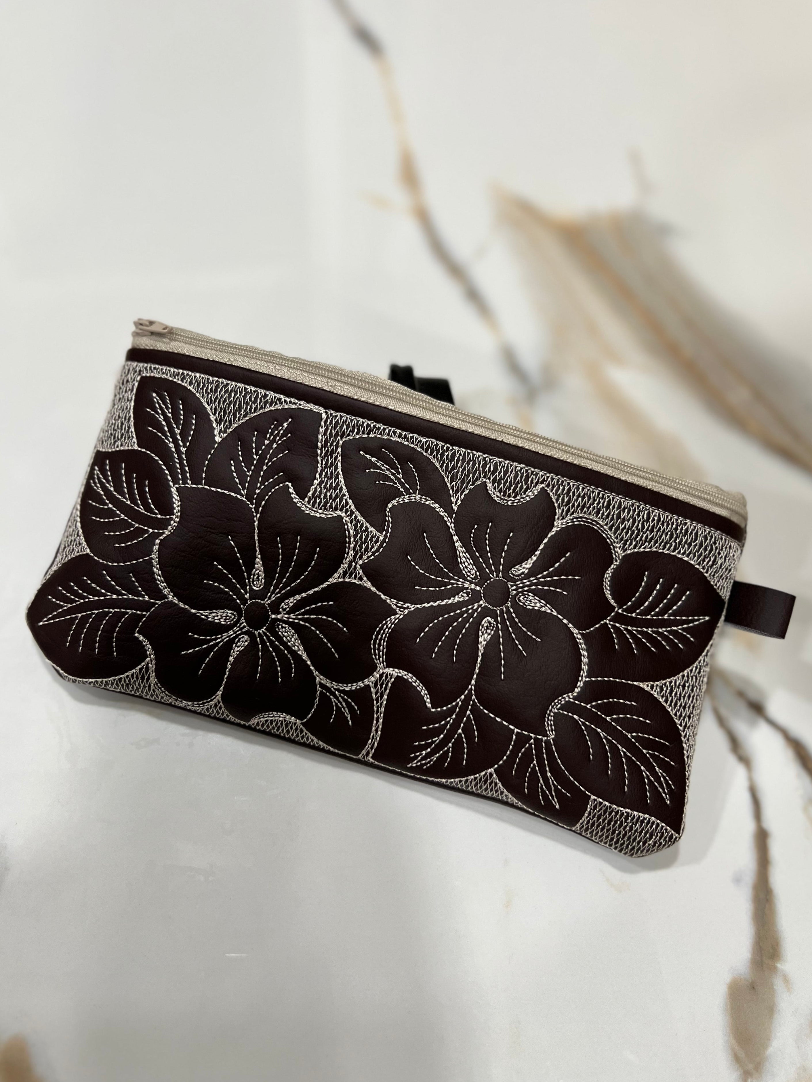 Chocolate Brown Faux Leather Floral Embroidered Zipper Pouch