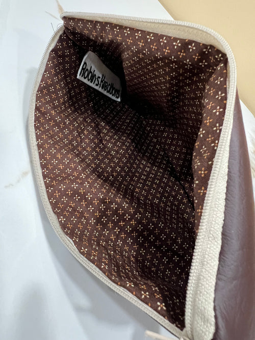 Chocolate Brown Faux Leather Floral Embroidered Zipper Pouch